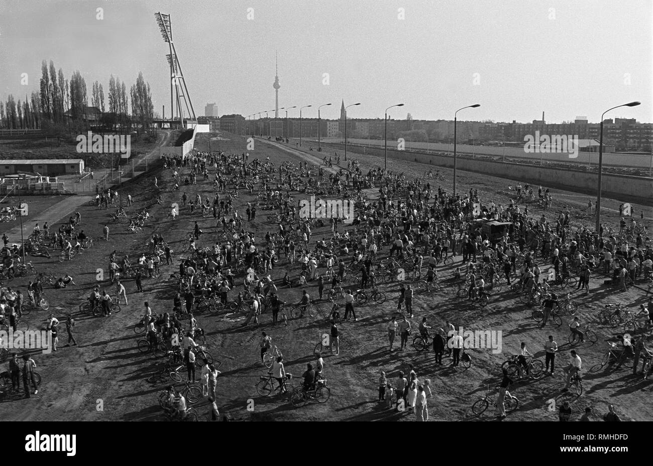 Proponents of the green belt during tree planting at the border strip at Falkplatz (later Mauerpark), after a bicycle demonstration from the Rotes Rathaus to Falkplatz. To the right the border installations, in the background the Forum Hotel and the TV Tower, Germany, Prenzlauer Berg, Berlin, April 1, 1990. Stock Photo