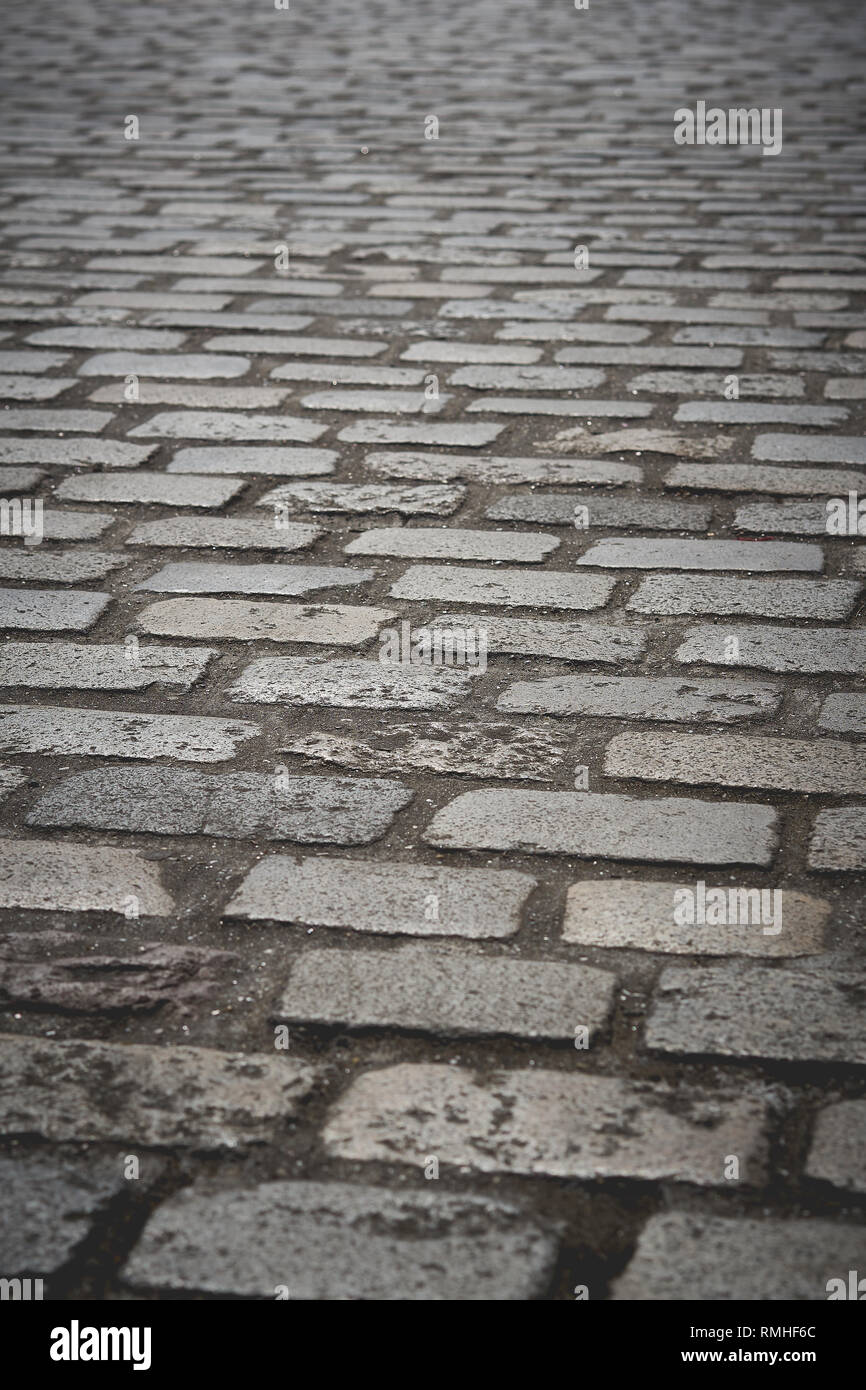 A cobblestone paved road. Portrait format. Stock Photo