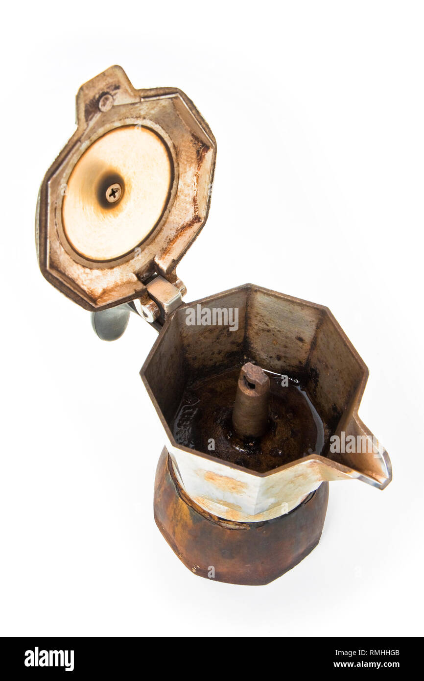 Old coffee maker (called 'moka' or 'mocha') for italian coffee espresso with open lid on white background Stock Photo