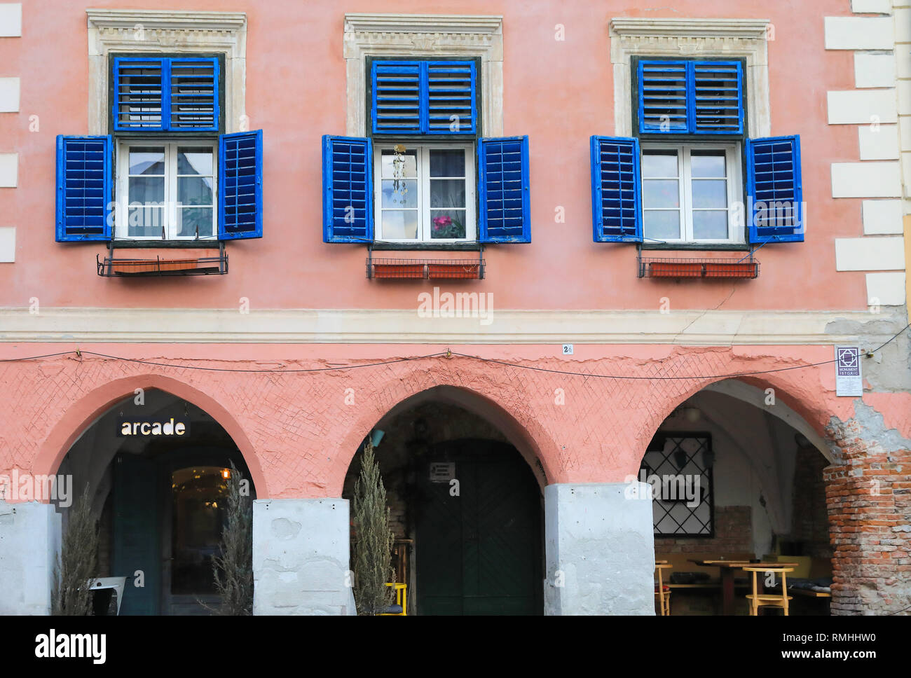 Arcade restaurant in Sibiu's old town, on Piata Mica, in Transylvania