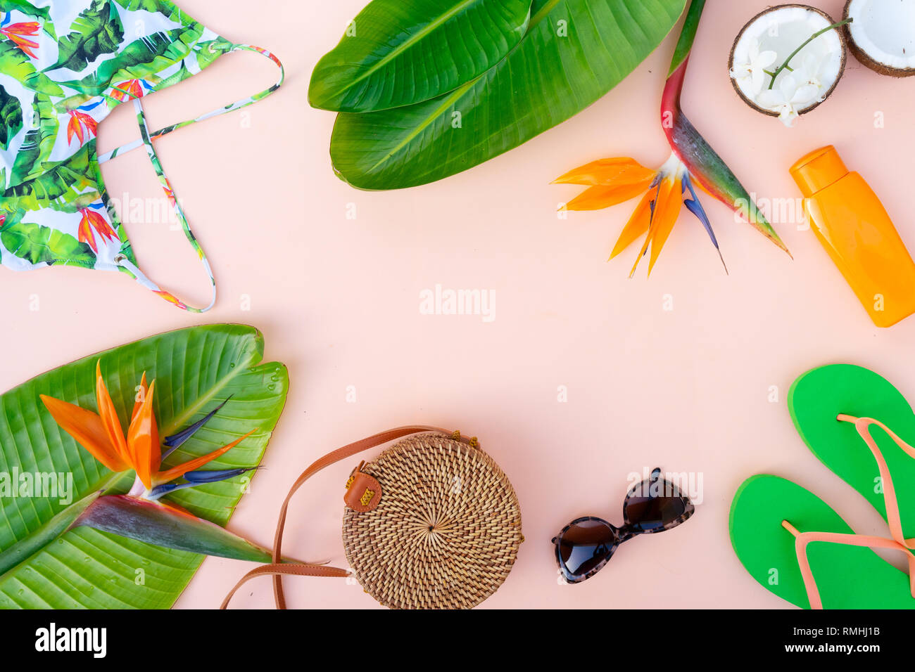 Flatsy Summer Summer flat lay scenery with swimsuit Stock Photo - Alamy