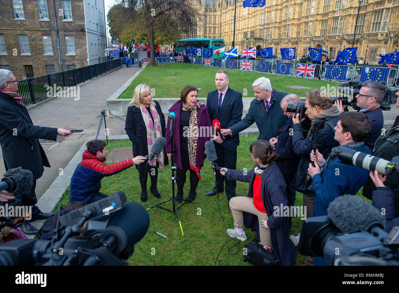 President of Sinn Fein, Mary Lou McDonald and her deputy, Michelle O'Neill, give an interview to the press on College Green. Stock Photo