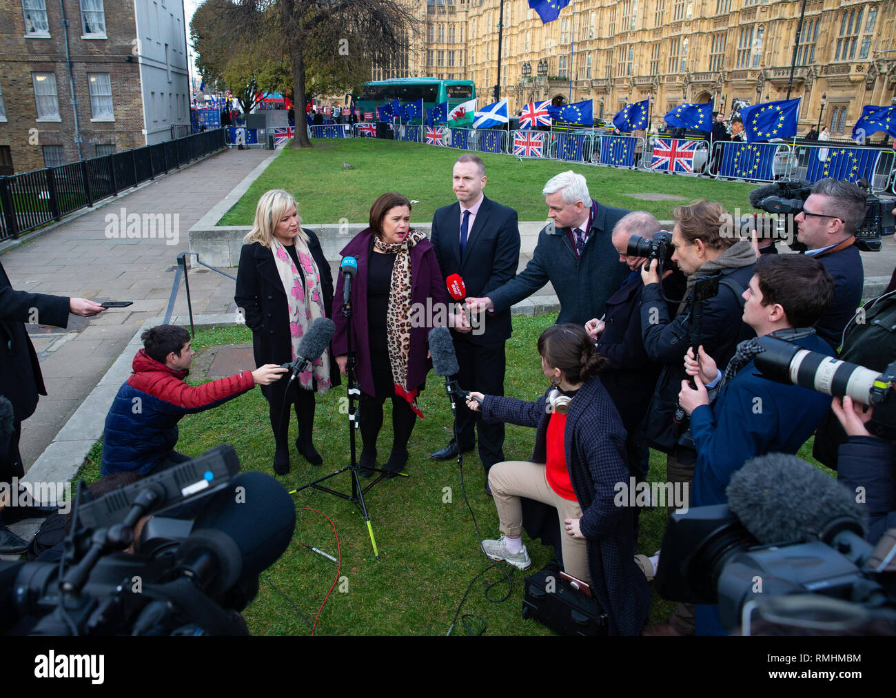 President of Sinn Fein, Mary Lou McDonald and her deputy, Michelle O'Neill, give an interview to the press on College Green. Stock Photo
