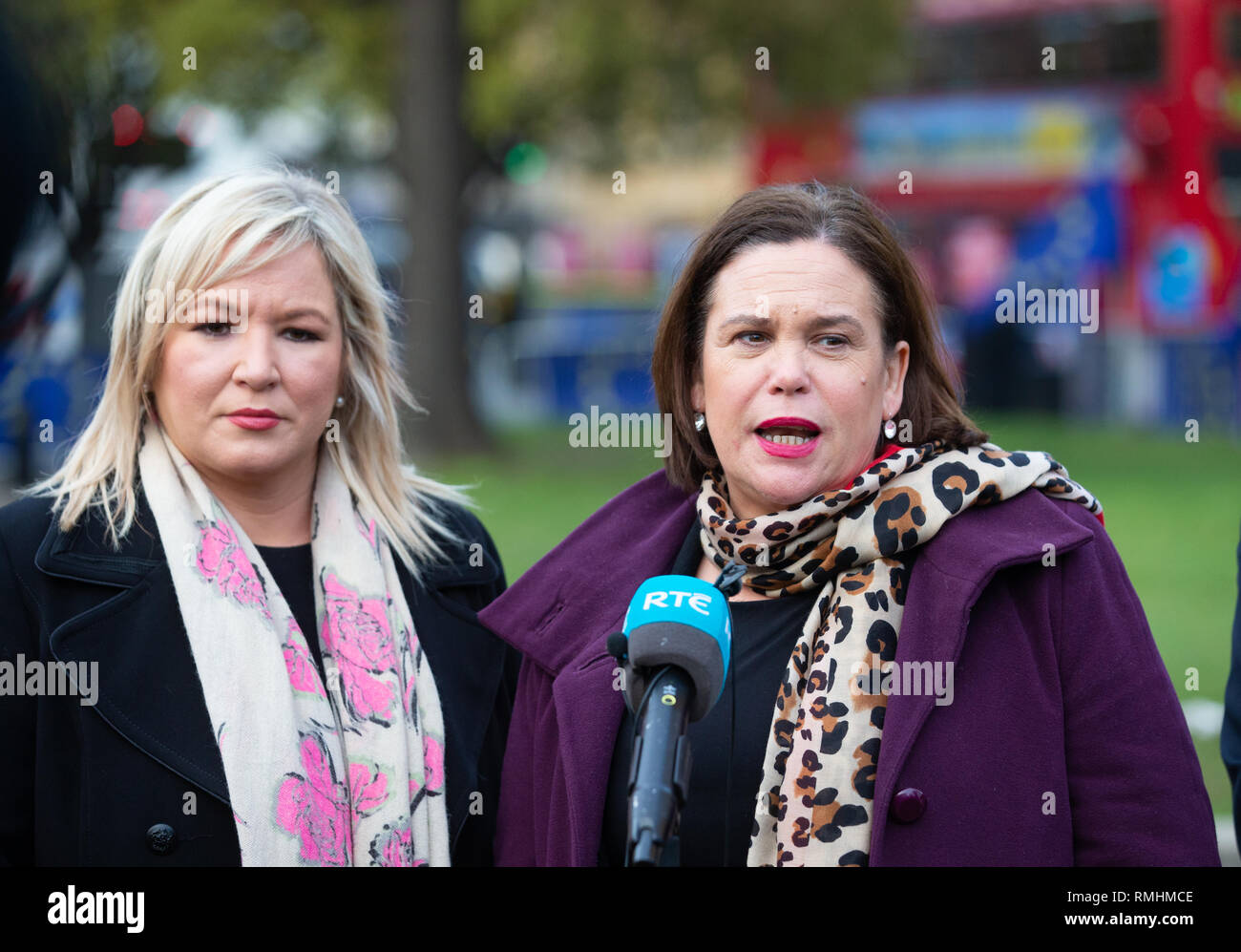 President of Sinn Fein, Mary Lou McDonald and her deputy, Michelle O'Neill, give an interview to the press on College Green. Stock Photo