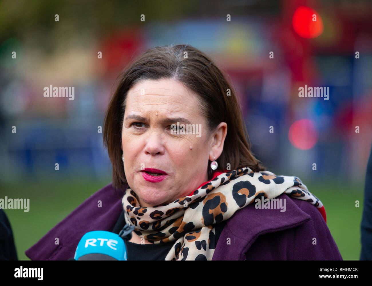 President of Sinn Fein, Mary Lou McDonald and her deputy, Michelle O'Neill, give an interview to the press on College Green. Stock Photo