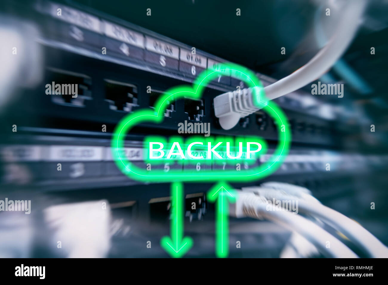 Backup button on modern server room background. Data loss prevention ...