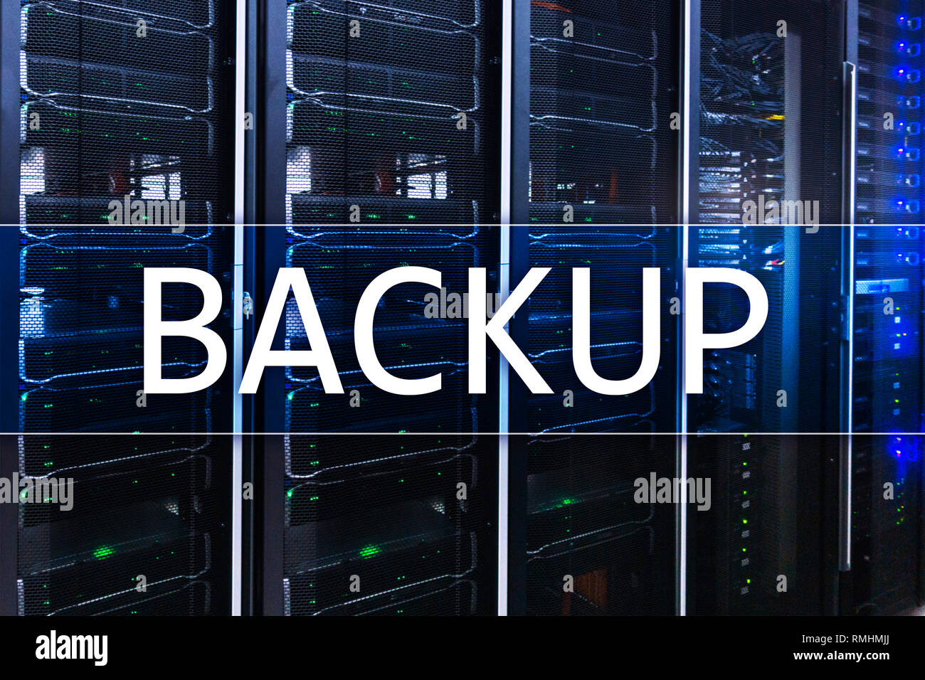 Backup button on modern server room background. Data loss prevention ...