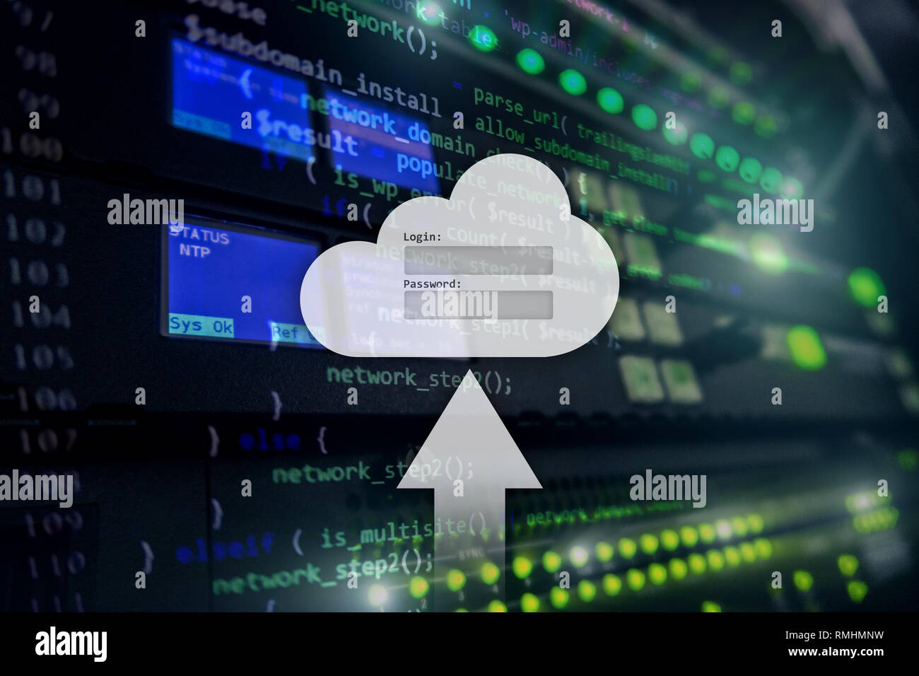 Cloud storage, data access, login and password request window on server room background. Internet and technology concept. Stock Photo
