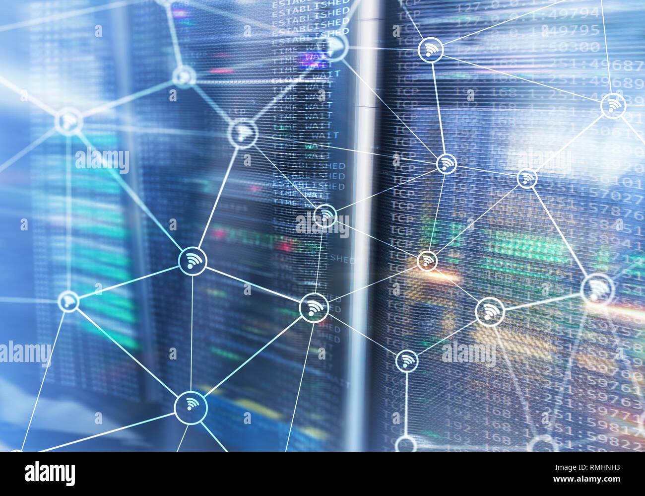 Wi fi network abstract structure on modern server room background Stock ...