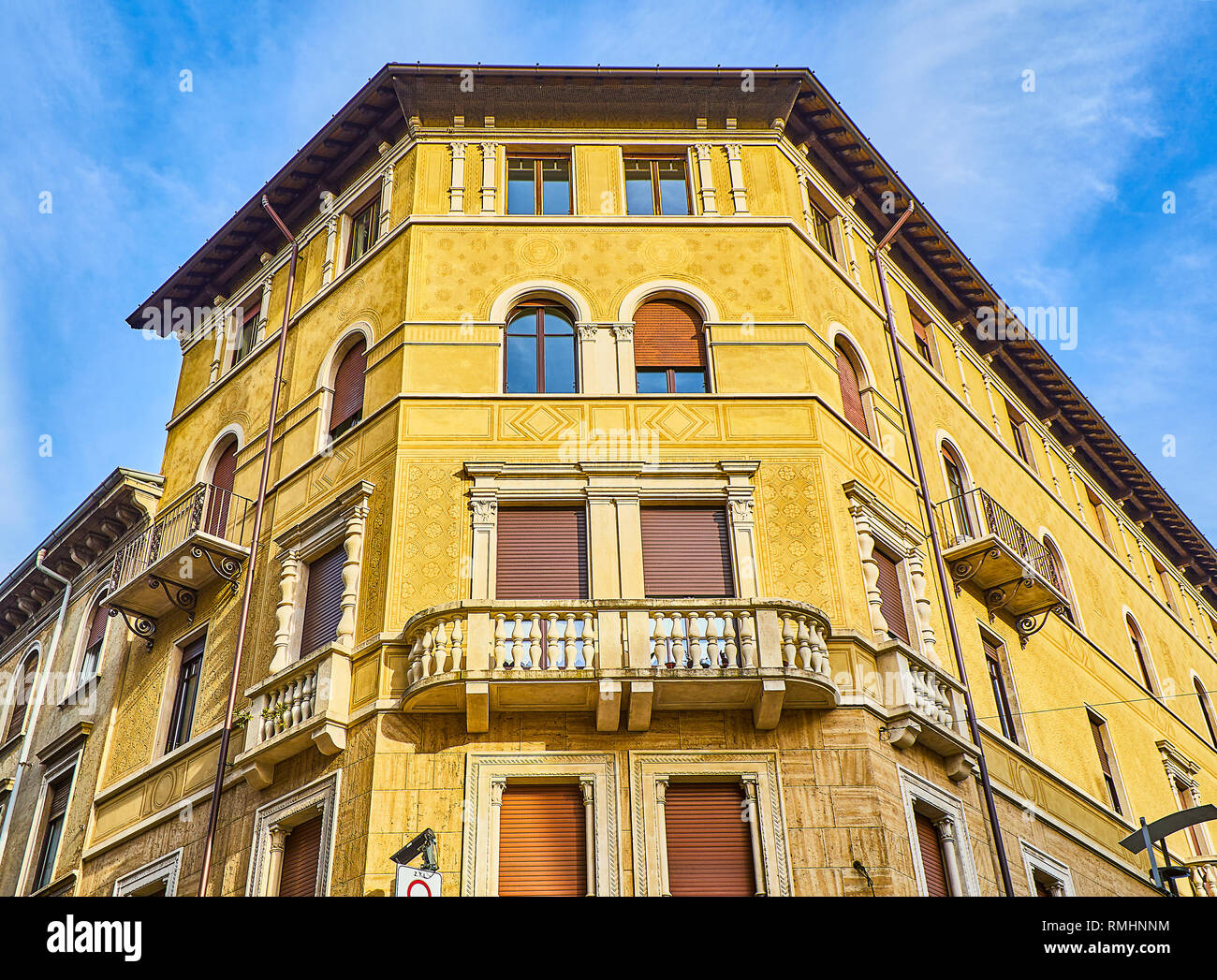Neoclassical facade of an antique European building. Bergamo, Lombardy, Italy. Stock Photo