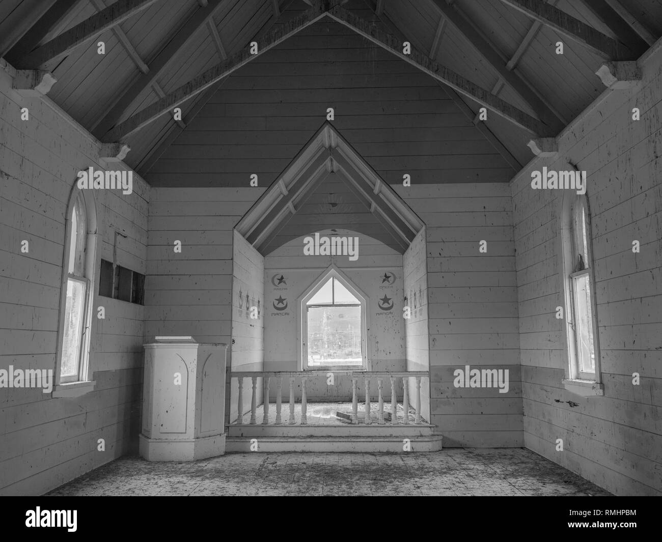 Abandoned decaying derelict Church, Otuhianga Road, Parirau, Kaipara, Northland, New Zealand Stock Photo