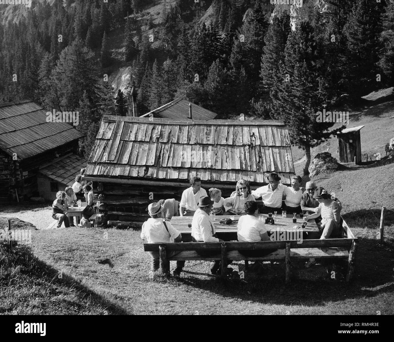 Tourists on a mountain hut in South Tyrol. Undated picture. Stock Photo