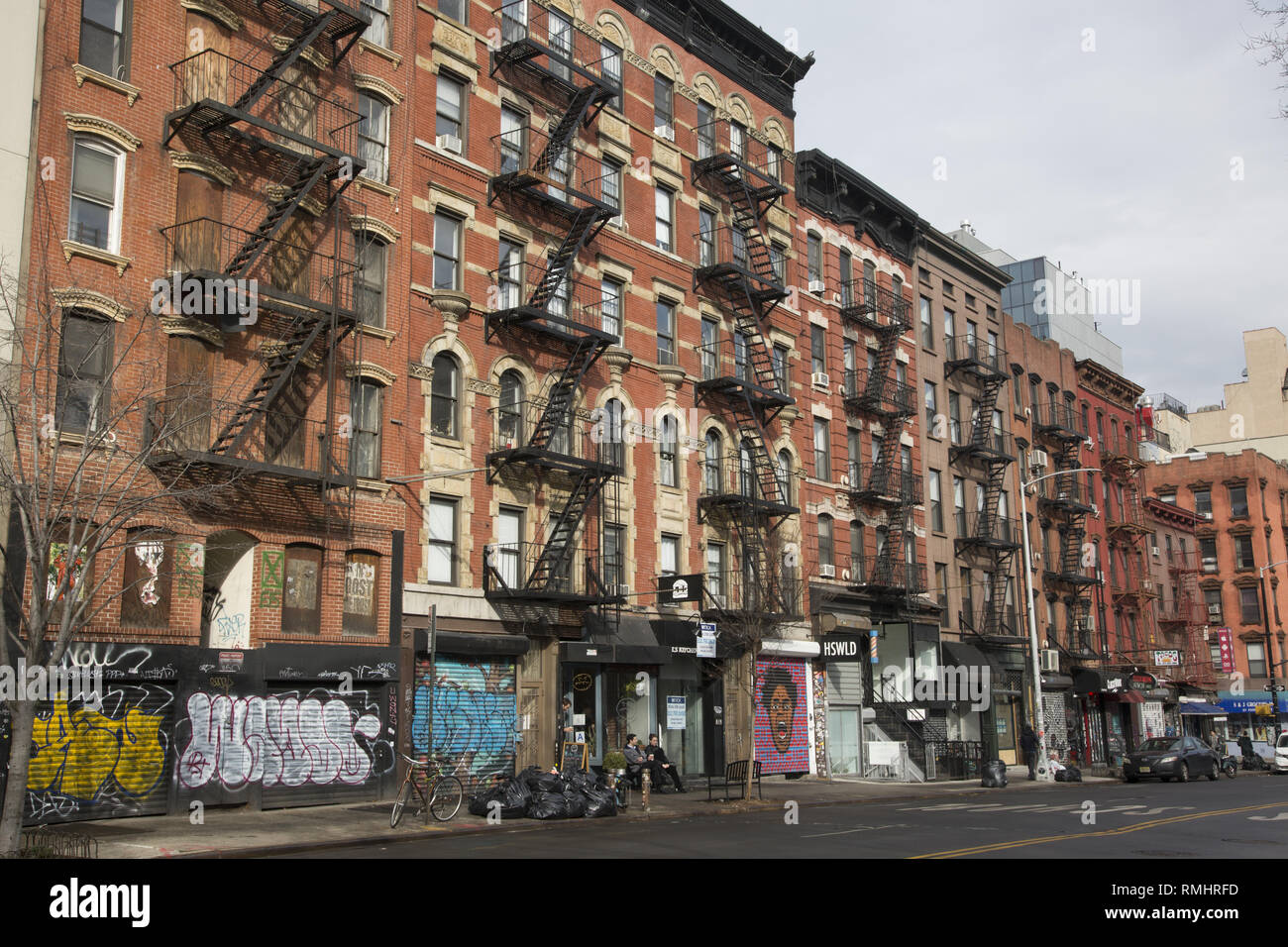 Buildings with fire escapes along Essex Street on the Lower Easst Side, Manhattan, New York City. Stock Photo