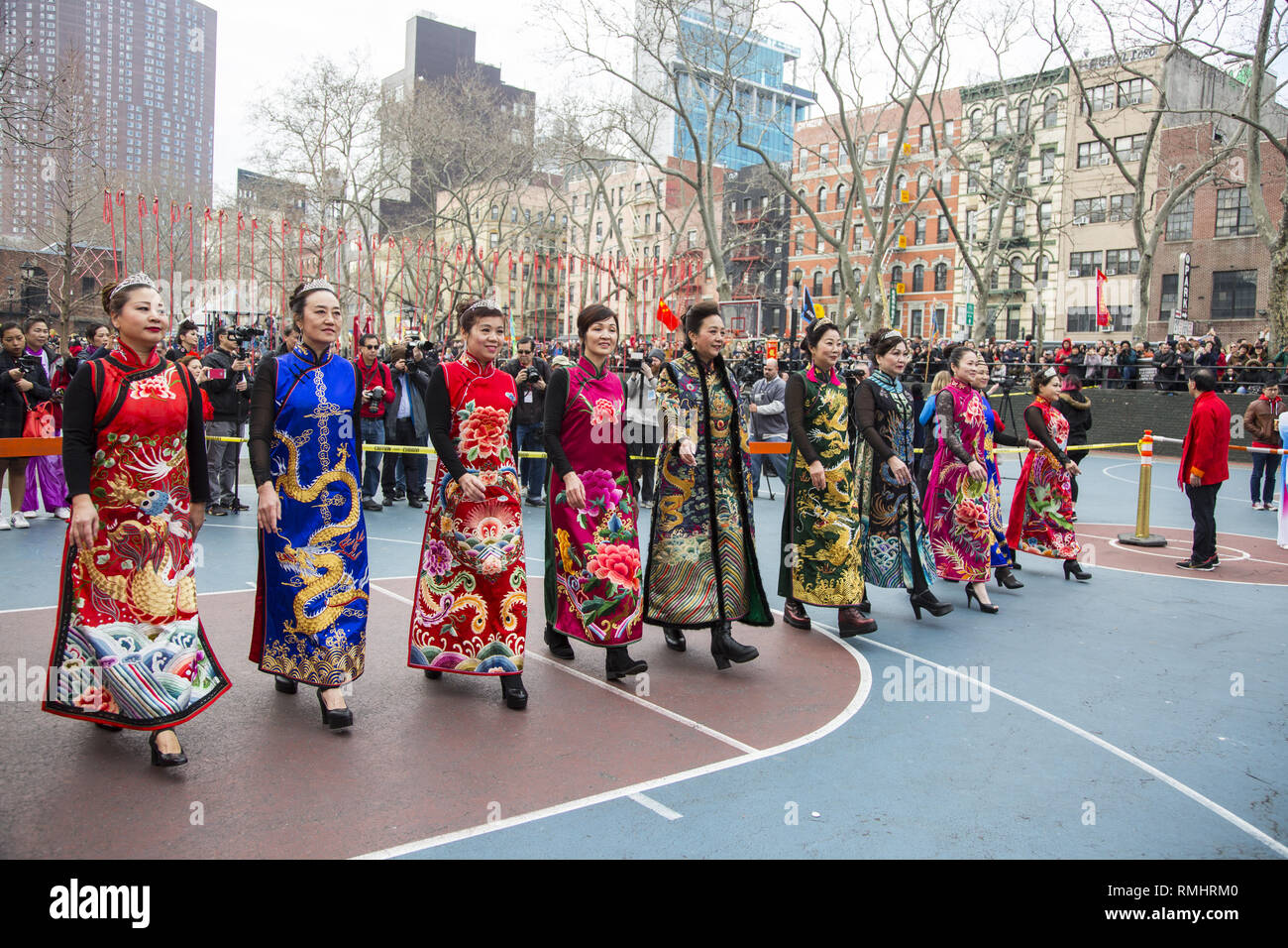Women show off beautiful Chinese dresses in a fashion show during Lunar New  Year festivities in Sara D. Roosevelt Park in Chinatown, New York City  Stock Photo - Alamy