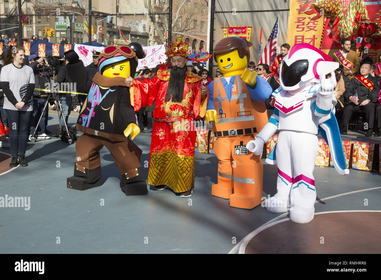 Characters from the film Lego 2, join in on the Lunar New Year festivities in Chinatown, New York City in 2019, the Year of the Pig. Stock Photo
