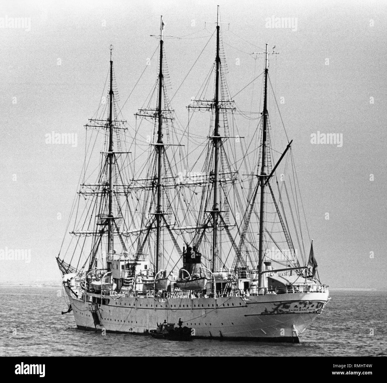 The four-masted barque 'Kaiwo Maru' is a Japanese sail training ship. In 1989 she was replaced by a new ship of the same name. Stock Photo