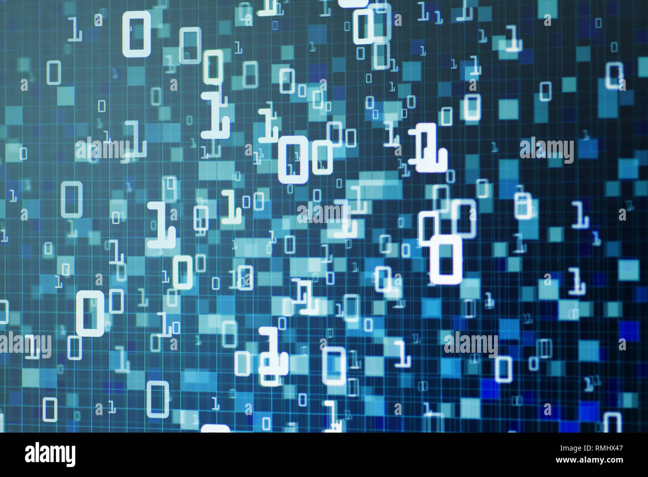 Digital technology binary background. light blue digital data flowing from top to bottom of the frame. blue block pixel abstract background for comput Stock Photo