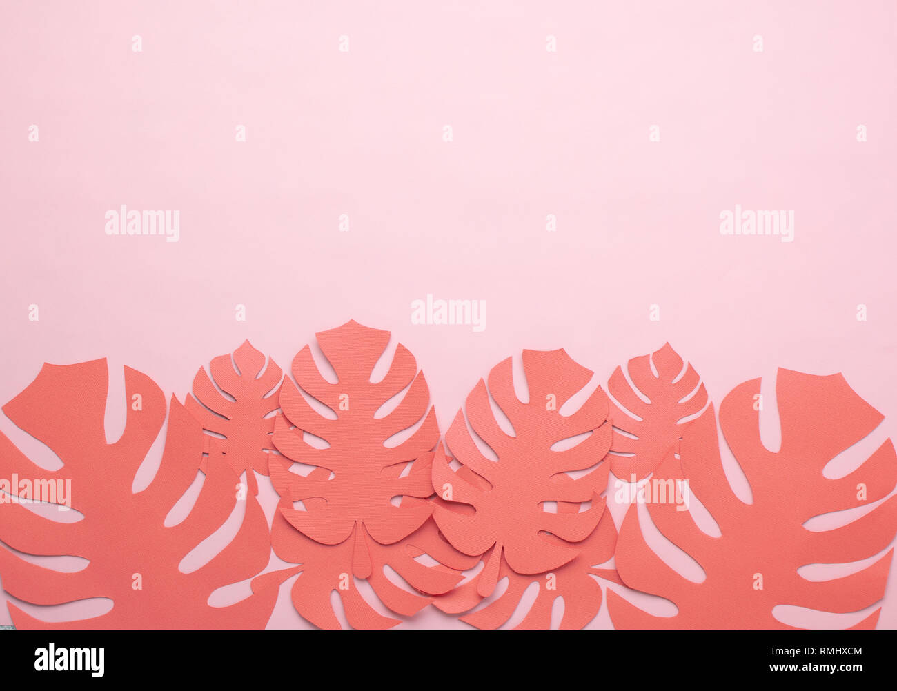 Paper Cut Tropical Leaves In Dark Coral Colour On Pink Background