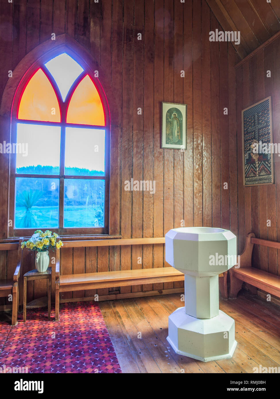 Baptismal font, Church, Maitahi, Northland, New Zealand Stock Photo