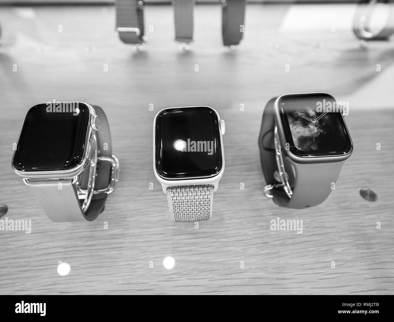 STRASBOURG, FRANCE - SEP 21, 2018: Apple Store the new latest Apple Watch Series 4 wearable personal luxury watch - black and white above view  Stock Photo