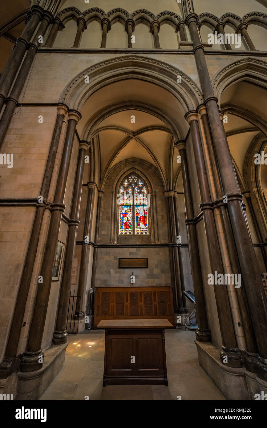 Rochester, England July 2018 Stained glass windows inside the