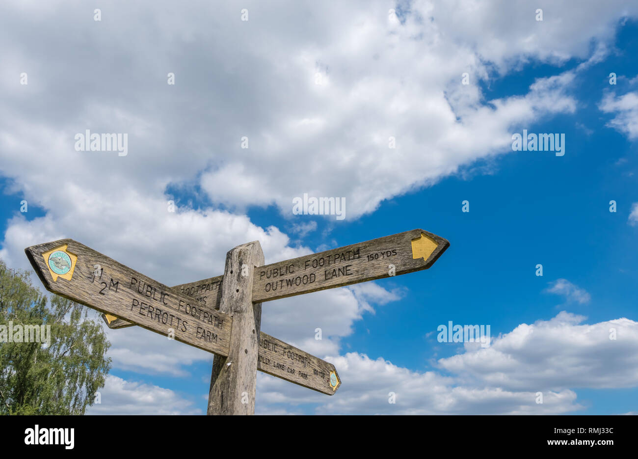 Banstead Woods, England - July 2018 : Wooden directions sign pole on a walking trail Stock Photo