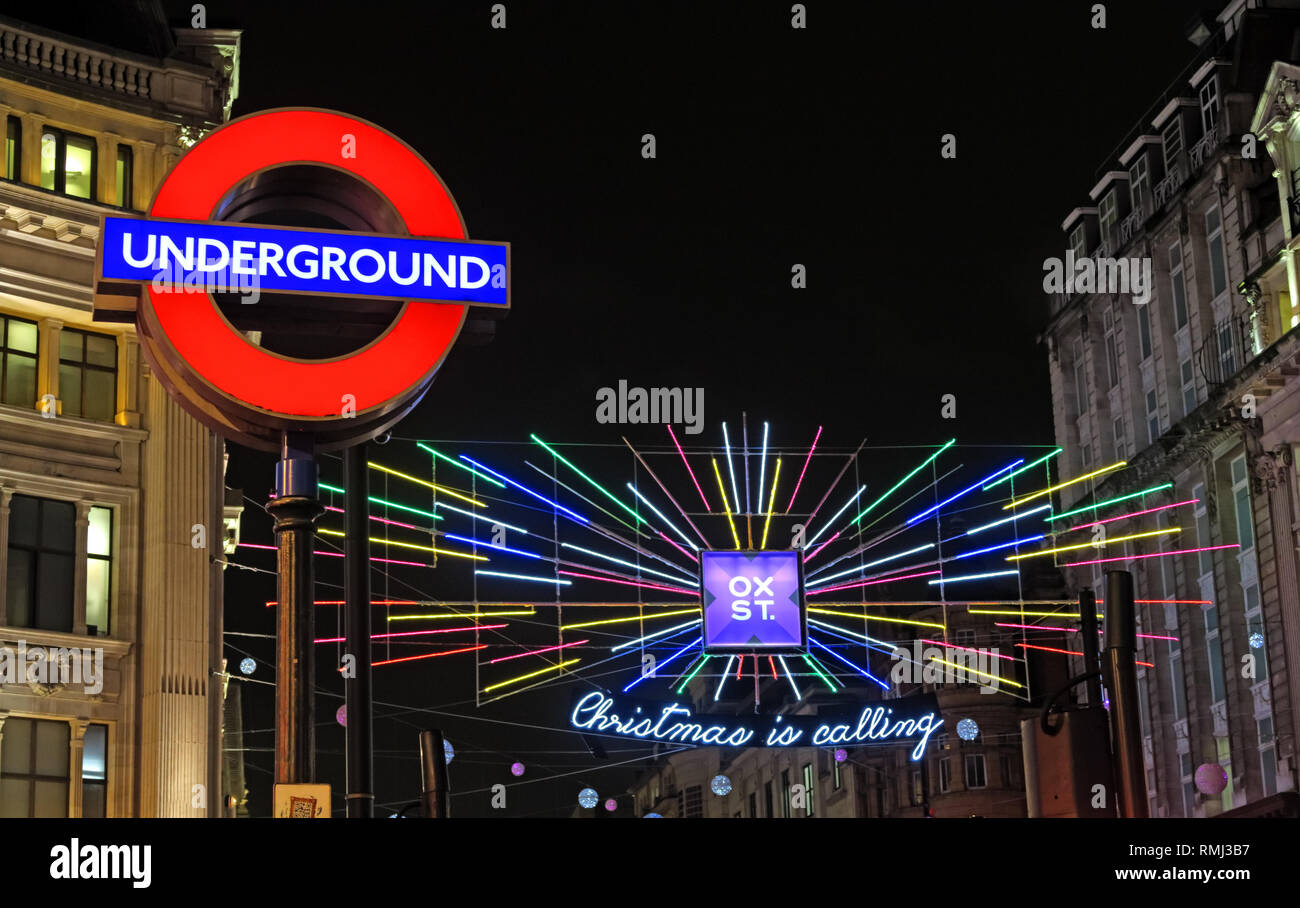 Christmas Is Calling, Oxford Street, Oxford Circus at night, Soho, City of Westminster, London, England, UK Stock Photo