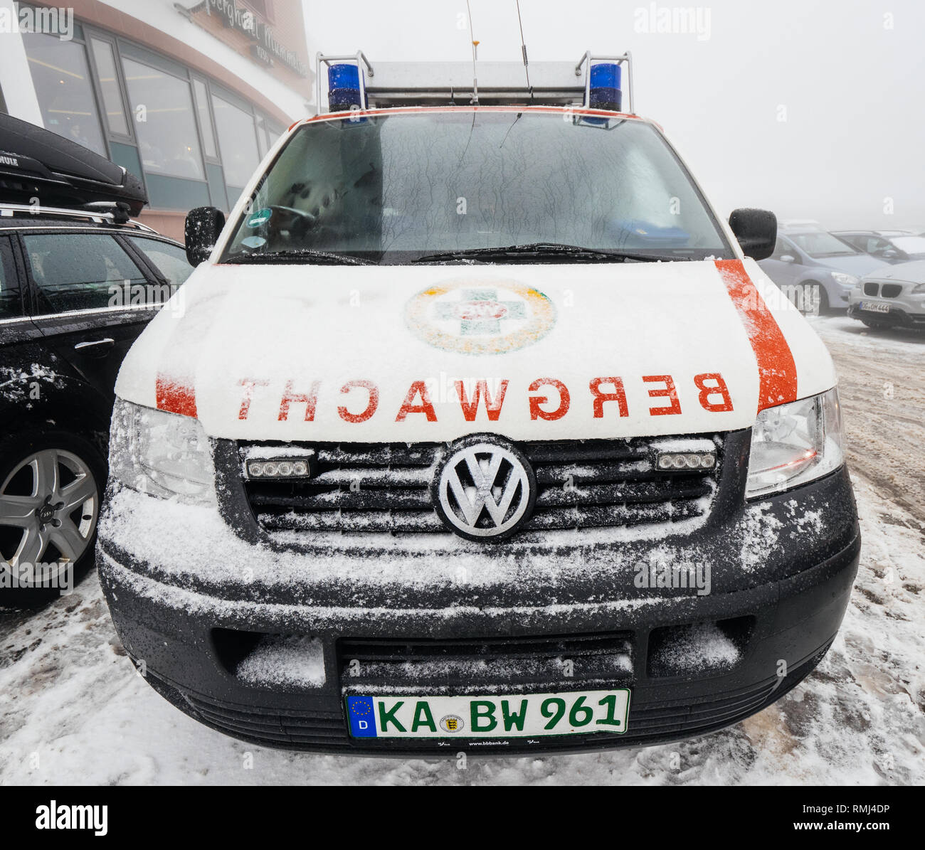 MUMMELSEE, GERMANY - JAN 26, 2019: Front view of Volkswagen VW Bergwacht Schwarzwald equipped van part of the German Red Cross (DRK-Bergwacht) mountain rescue and nature conservation  Stock Photo