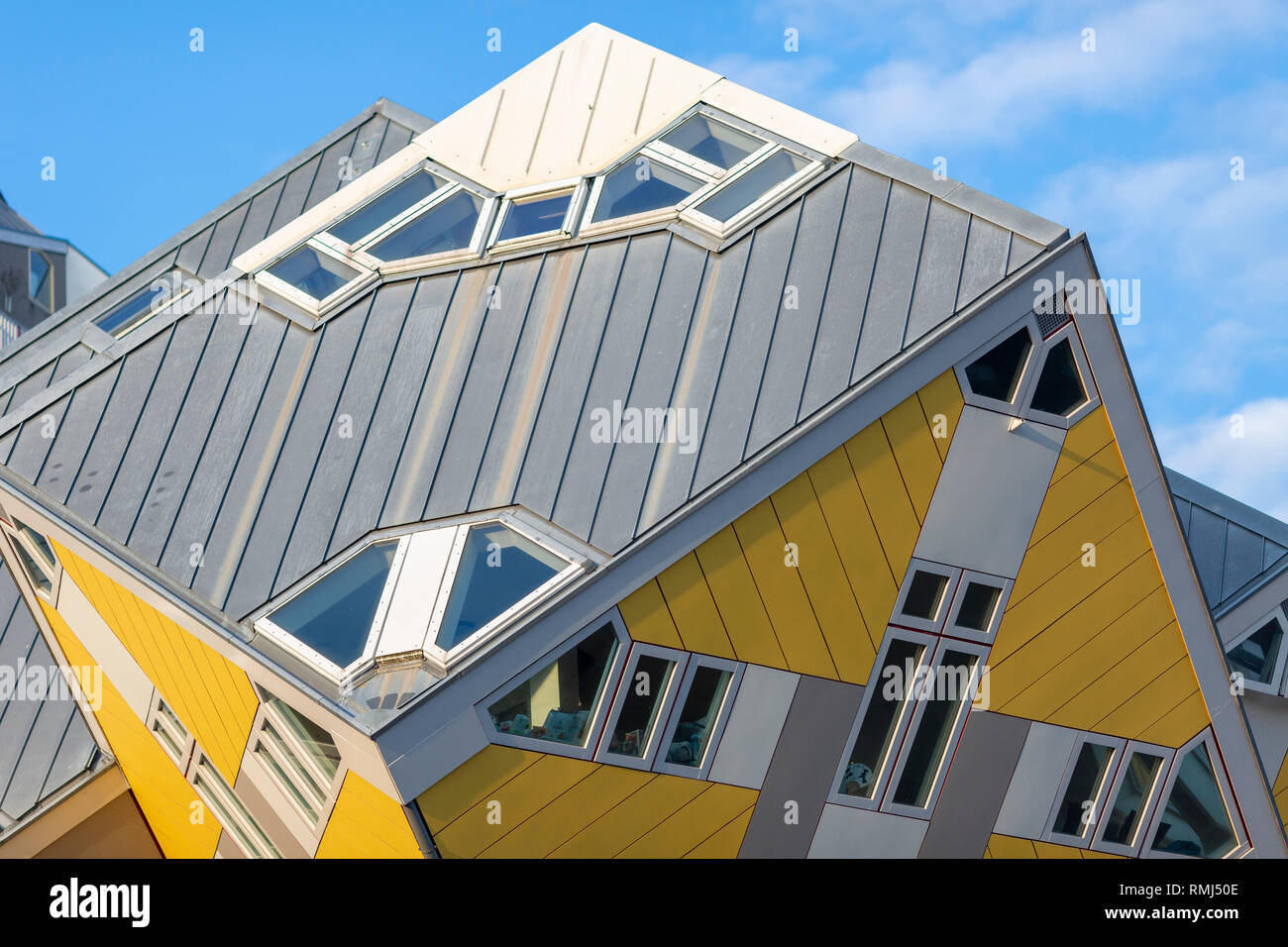 Detail view of one of the famous tilted cube houses in Rotterdam, The Netherlands, showing the roof and two sides of the cube Stock Photo