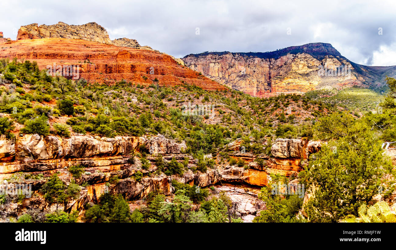 The colorful sandstone mountains and canyon carved by Oak Creek at