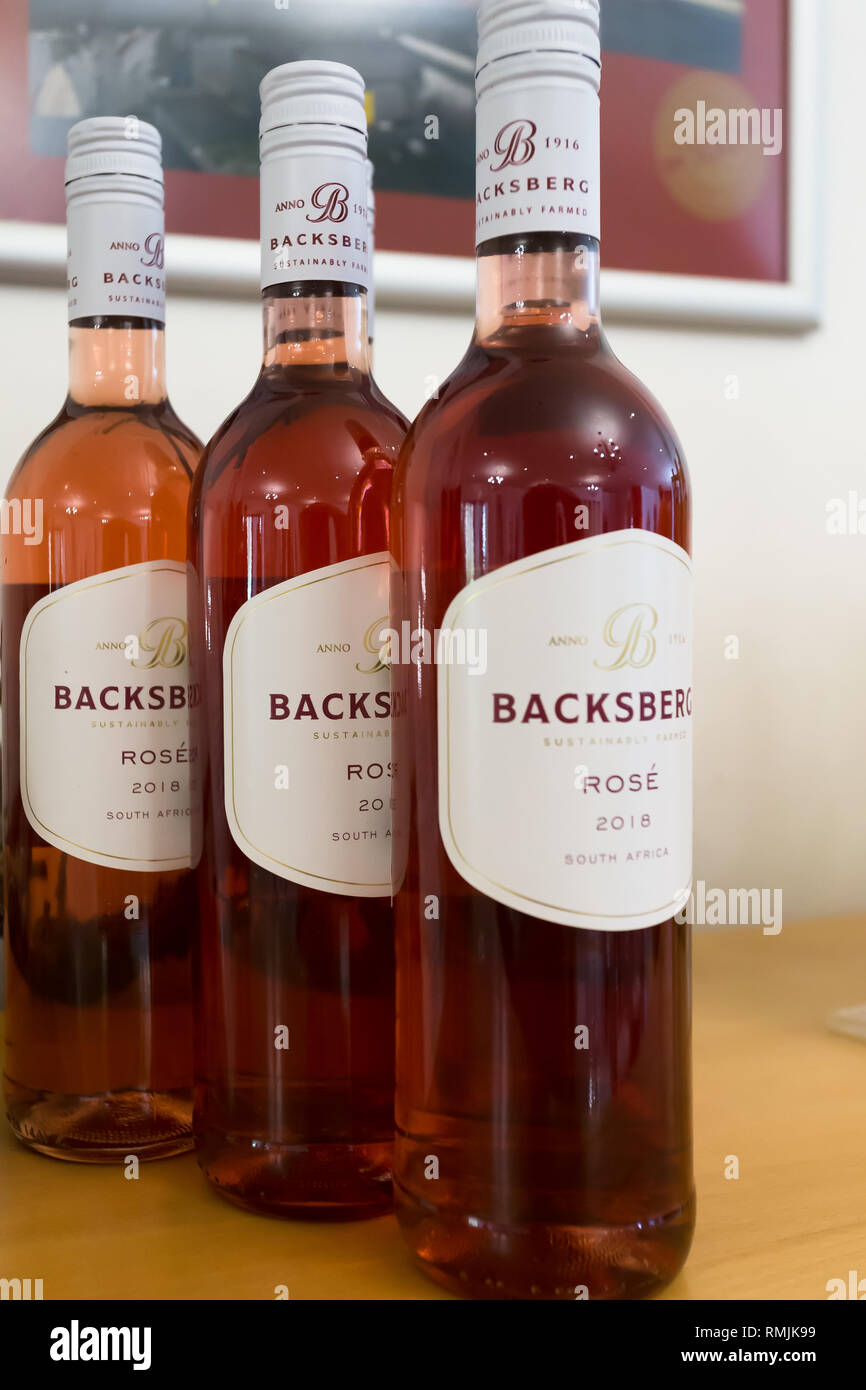 Rose wine bottles displayed on the shelf for sale at Backsberg winery in Paarl, Cape Winelands