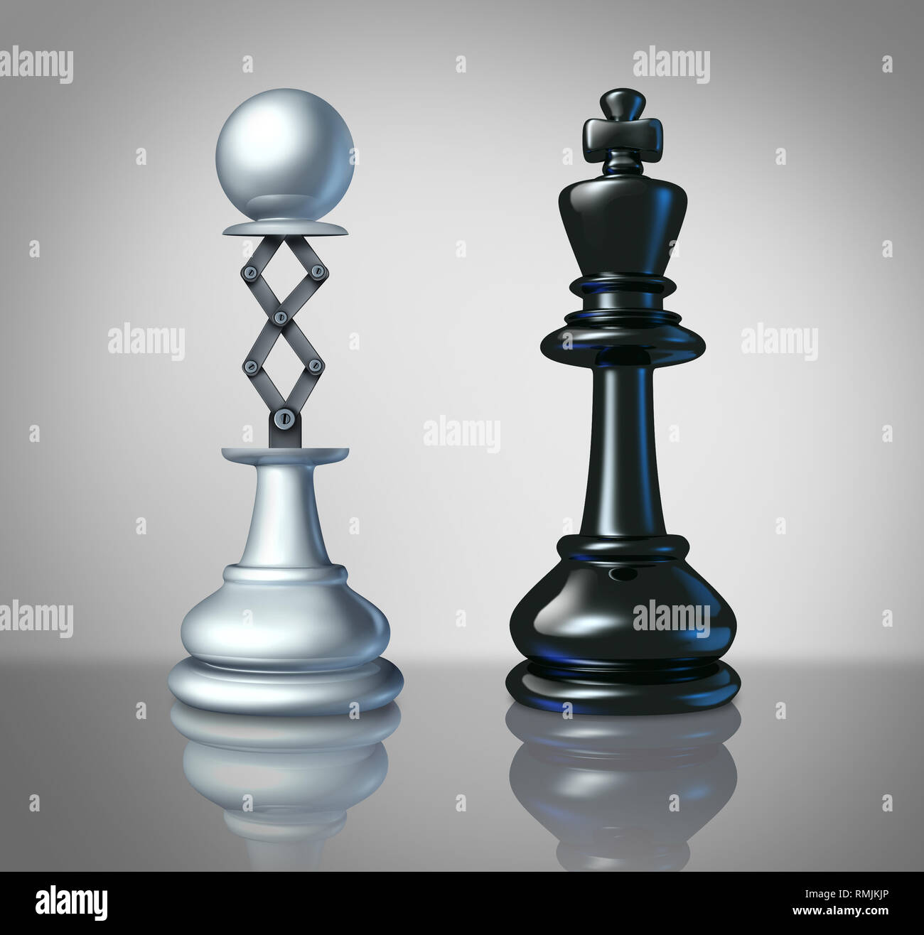 Measuring up to the competition as a business success concept as a chess pawn lifting up to compete with a king as a leadership symbol. Stock Photo