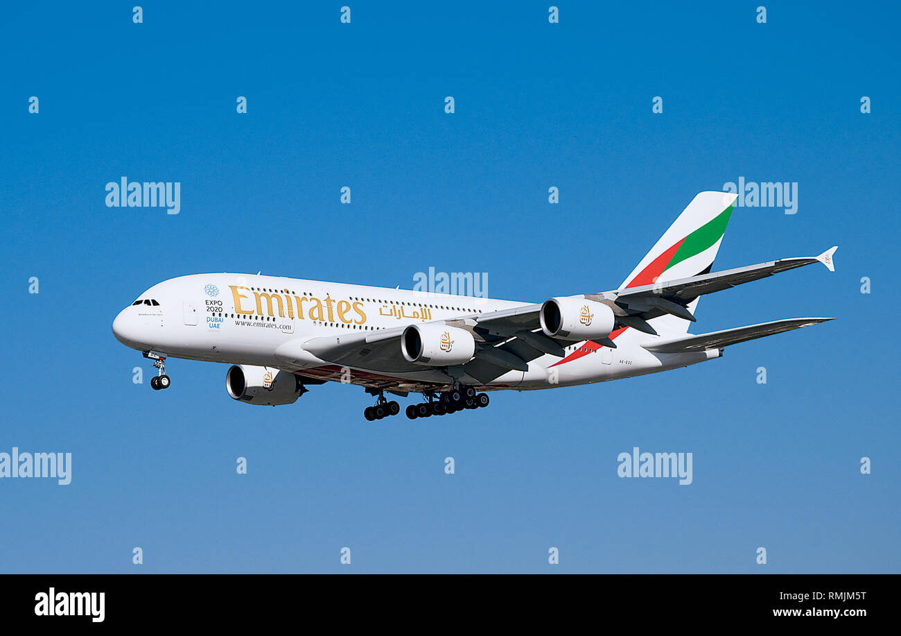 Emirates A380 Super Jumbo Jet Landing at LAX Stock Photo