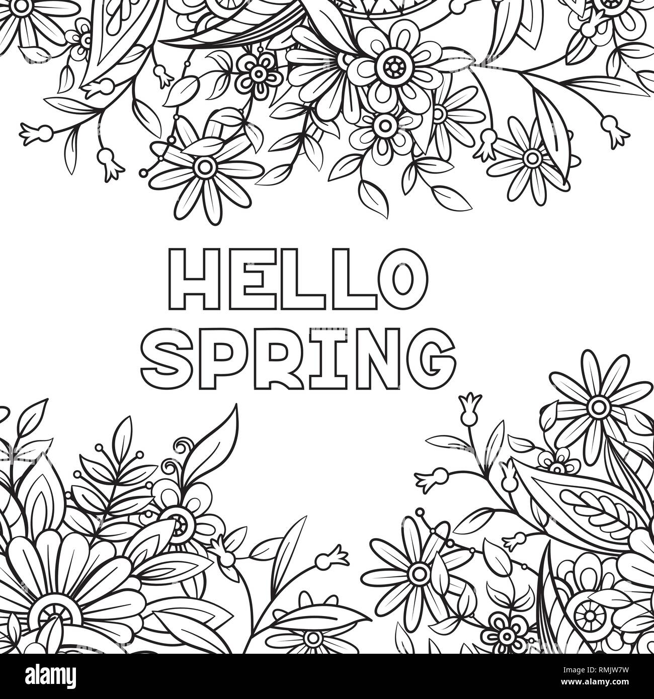 Hello spring coloring page with beautiful flowers. Black and white ...