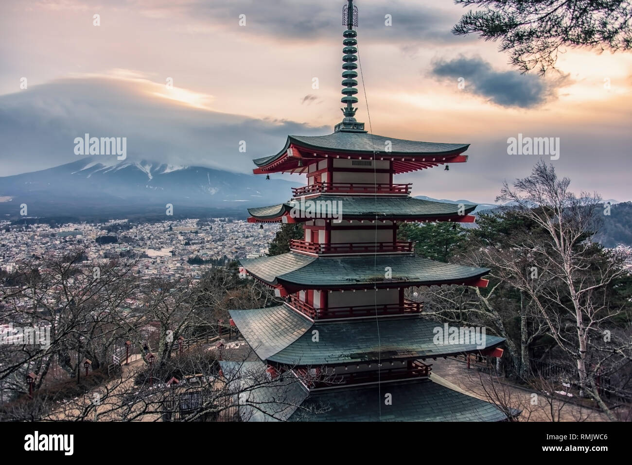 Famous Place of Japan with Chureito pagoda and Mount Fuji at sunset Stock Photo