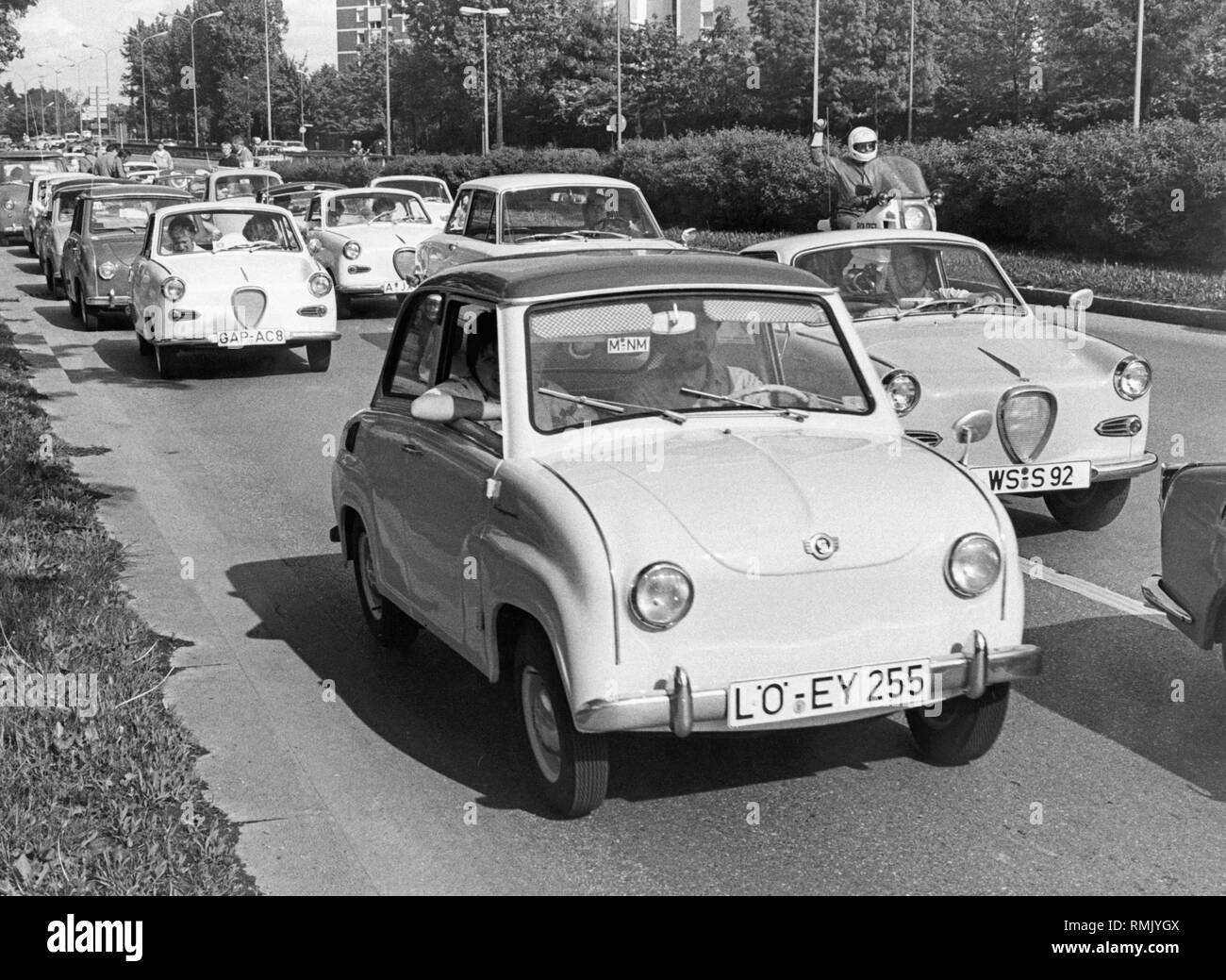 About 100 Goggomobiles on a corso of the BMW Museum at the Petuelring in  Munich. The occasion was the 13th International Goggomobil and Glas-Club  meeting. The Hans Glas GmbH from Dingolfing was