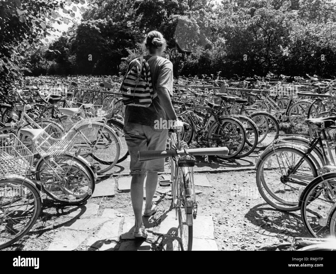 A crowded bicycle parking lot at the Dantebad in Munich. Stock Photo