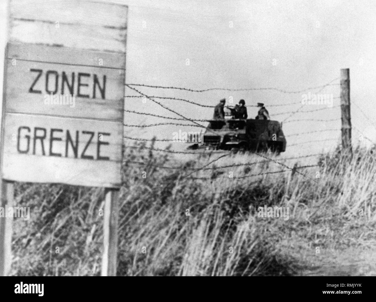 Soviet-zone armored scout car at the Bavarian zone border to the GDR. Stock Photo