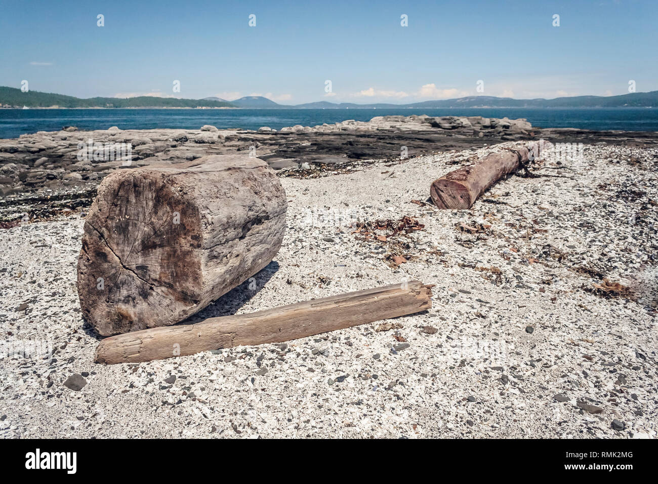 A beach shows ancient and modern human impacts: shell middens from millennia of Coast Salish use and drift logs from recent logging (Gulf Islands BC). Stock Photo