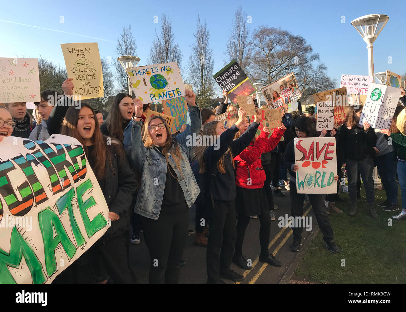 Protesters at a Youth Strike 4 Climate demonstration outside Shire Hall in Cambridge, one of the nationwide strikes for climate action taking place across the UK. Stock Photo