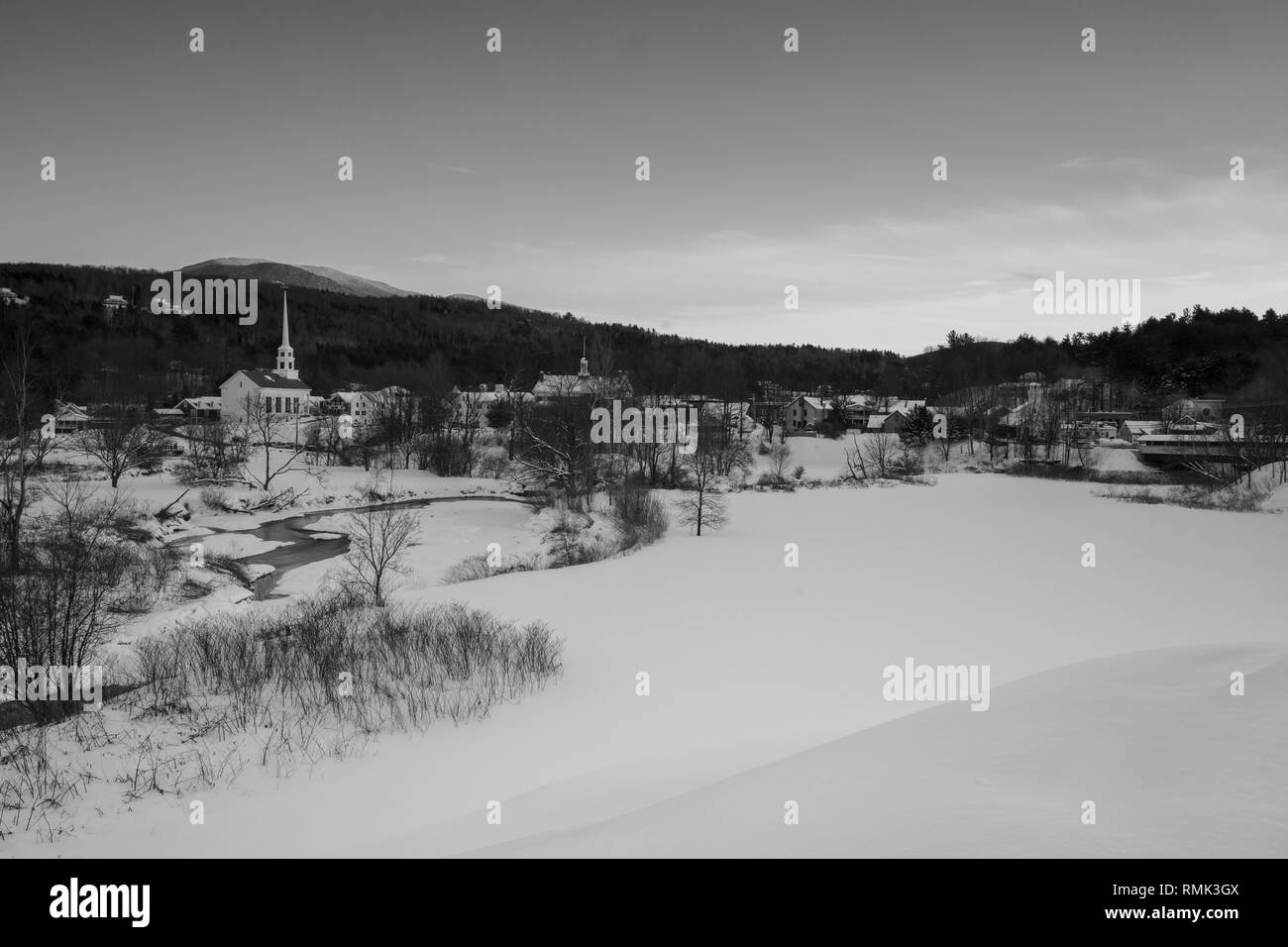 Wide angle of Downtown Stowe Vermont Stock Photo