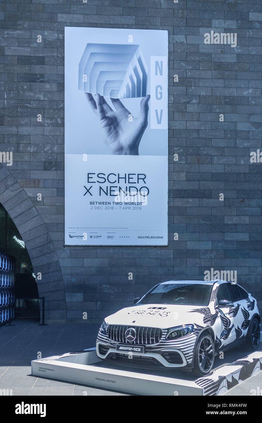 MELBOURNE - DEC 1 2018: National Gallery of Victoria - Escher x Nendo exibition billboard Stock Photo