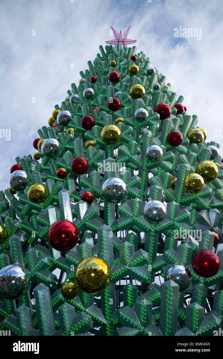 Melbourne, Australia - December 1, 2018: Beautiful huge Christmas tree closeup. Federation Square, Melbourne Downtown Stock Photo