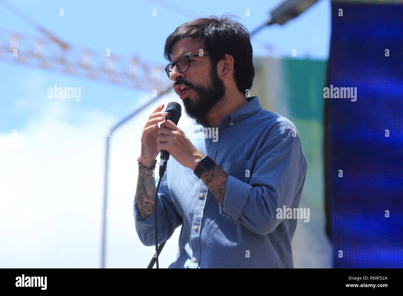 Caracas Venezuela February 12, 2019: Opposition leader and Deputy Miguel Pizarro during a speech in support to Juan Guaido interim president Stock Photo