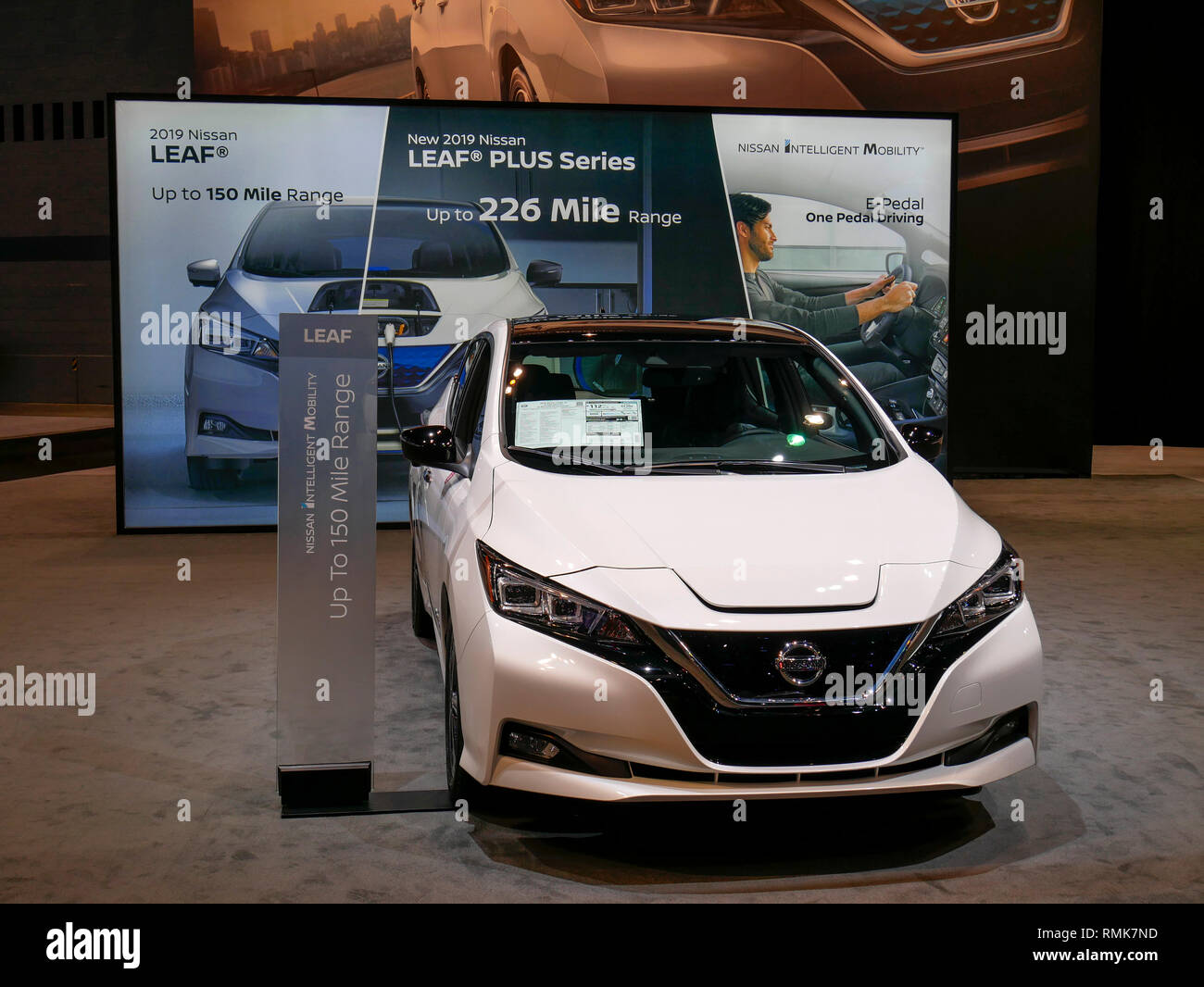 2019 Nissan Leaf Plus electric vehicle. Chicago Auto Show. Stock Photo