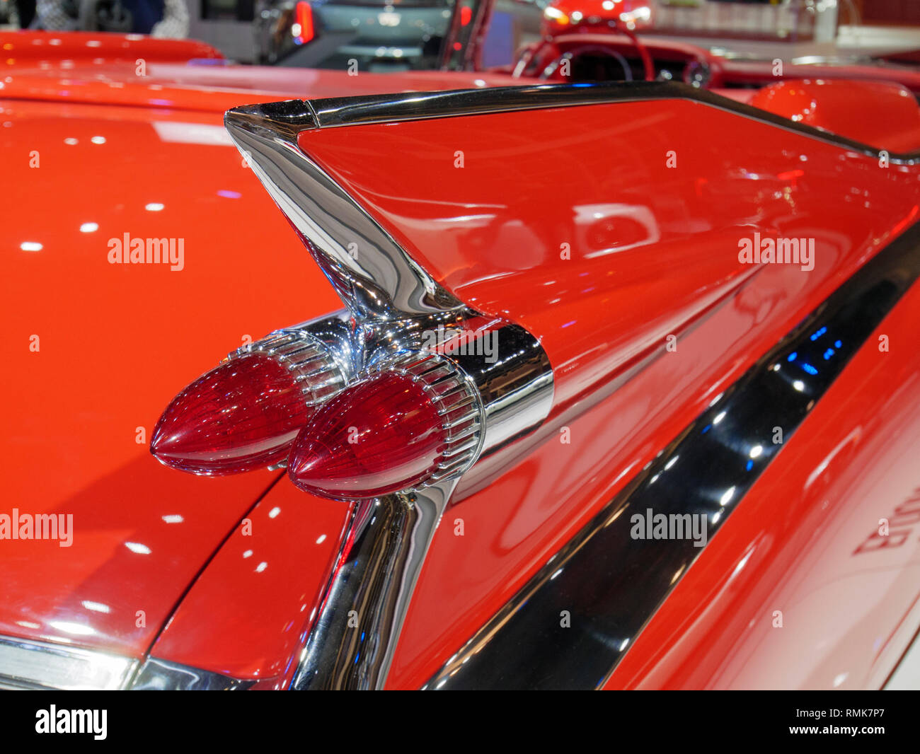 1959 Cadillac Eldorado Biarritz Convertible tail fin and tail lights. 2019 Chicago Auto Show. Stock Photo