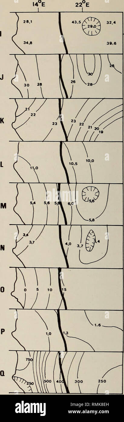 . Annals of the South African Museum = Annale van die Suid-Afrikaanse Museum. Natural history. Fig. 16. Contour maps of character variation in Gutter a plumifera. A. Occipital fold. B. Bill length. C. Wing length. D. Tarso-metatarsus length. E. Wattle width. F. Wattle length. G. Crest frontal length. H. Crest rear length. OTU boundaries are indicated by thick lines.. -o&quot; Fig. 17. Contour maps of character variation and total COV for Guttera plumifera. I. Crest central height. J. Crest basal length. K. Dorsal spot number. L. Dorsal spot size. M. Total spot barbs. N. Total within spot barbs Stock Photo