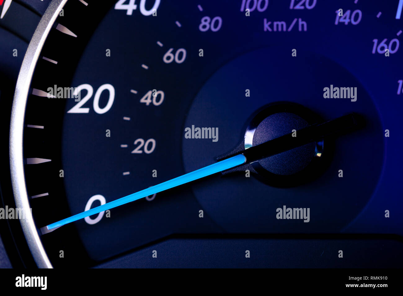 Close up of car speedometer with speed indicating 0. No progress concept Stock Photo