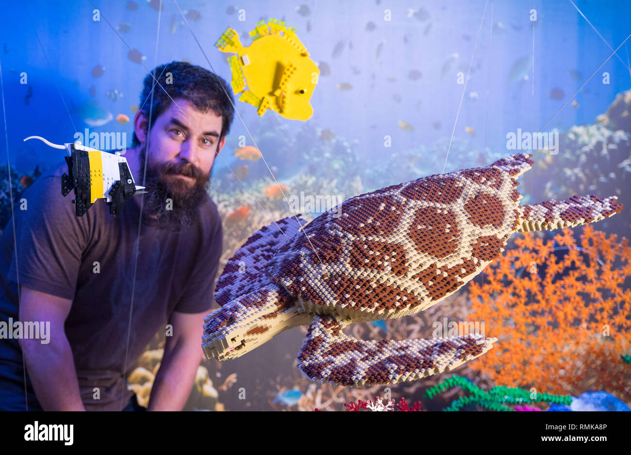 Technician Phil Sofer with a Lego brick model showing a scene from the Great Barrier Reef, made from 200,000 Lego bricks, part of the 'Brick Wonders' exhibition, which opens at the Horniman Museum, in south London, on February 16th. Stock Photo