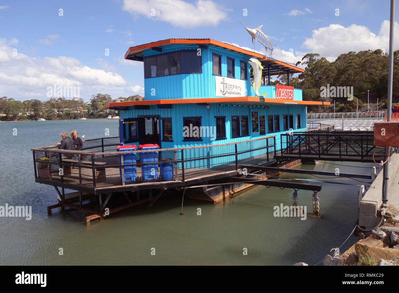 Skippers seafood eatery, a floating restaurant at St Helens, Tasmania, Australia. No PR or MR Stock Photo